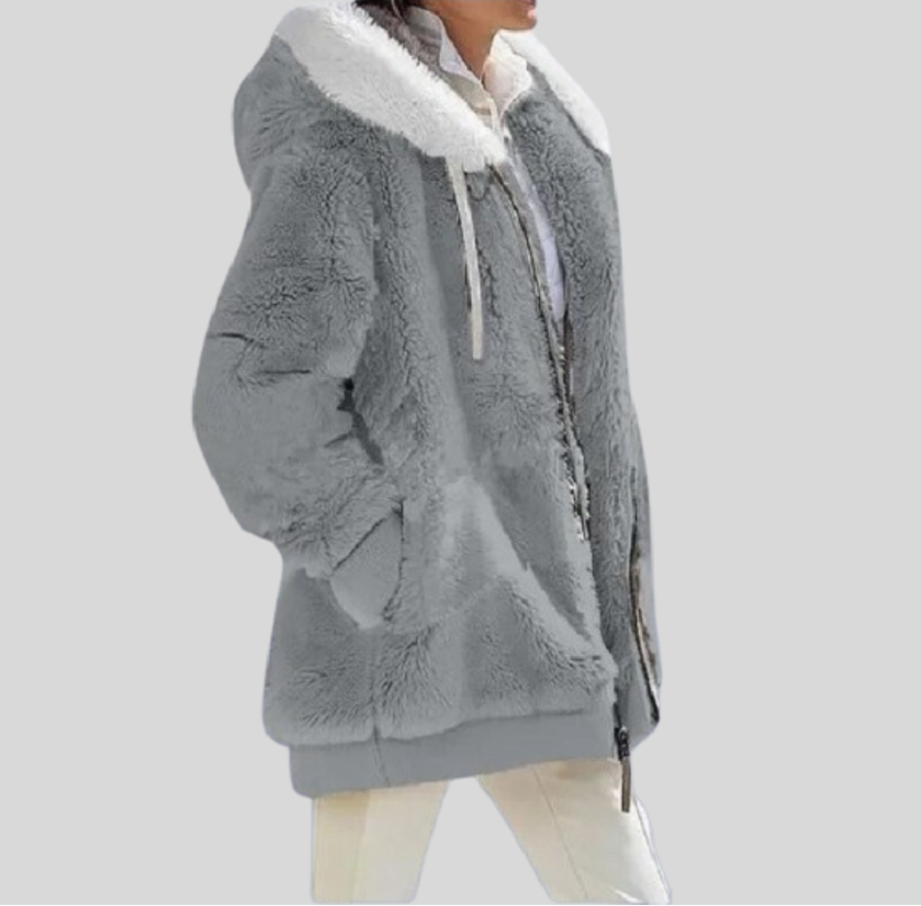 Women's Zip-up Jacket with Fluffy Collar and Hood
