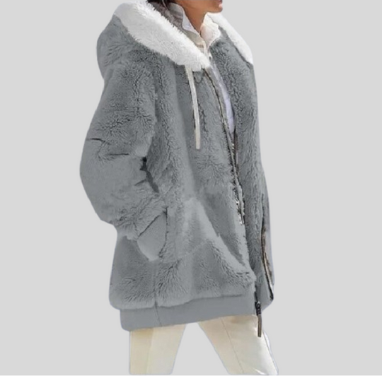 Women's Zip-up Jacket with Fluffy Collar and Hood