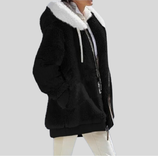 Women's Zip-up Jacket with Fluffy Collar and Hood