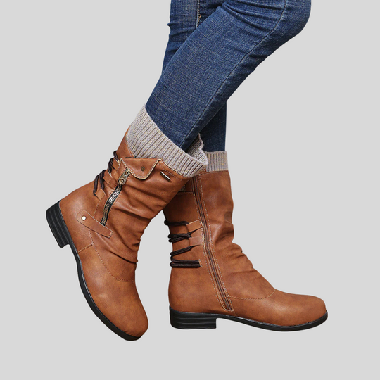 Women's Mid-Calf Winter Boots with Zipper and Buckle Detail