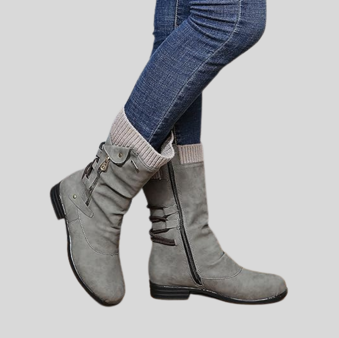 Women's Mid-Calf Winter Boots with Zipper and Buckle Detail