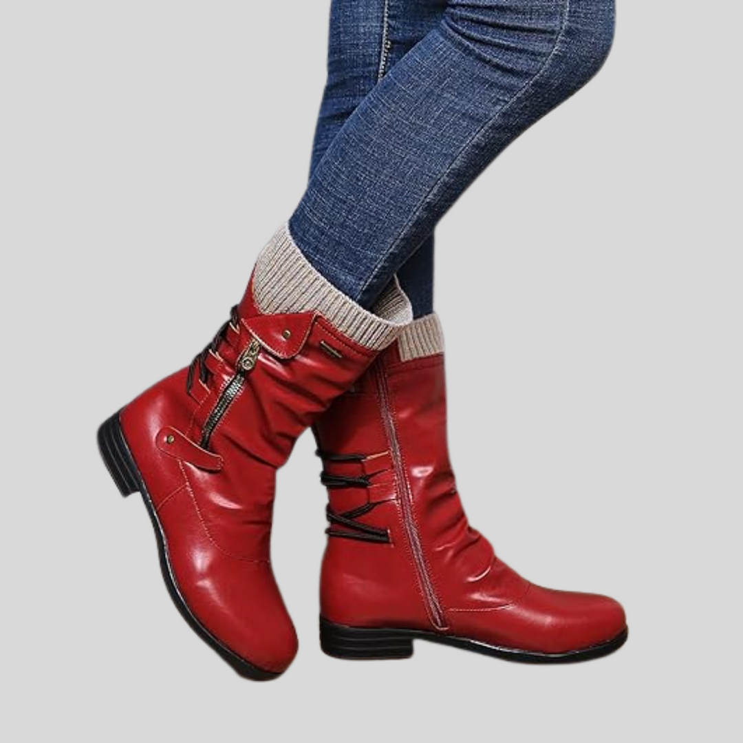 Women's Mid-Calf Winter Boots with Zipper and Buckle Detail