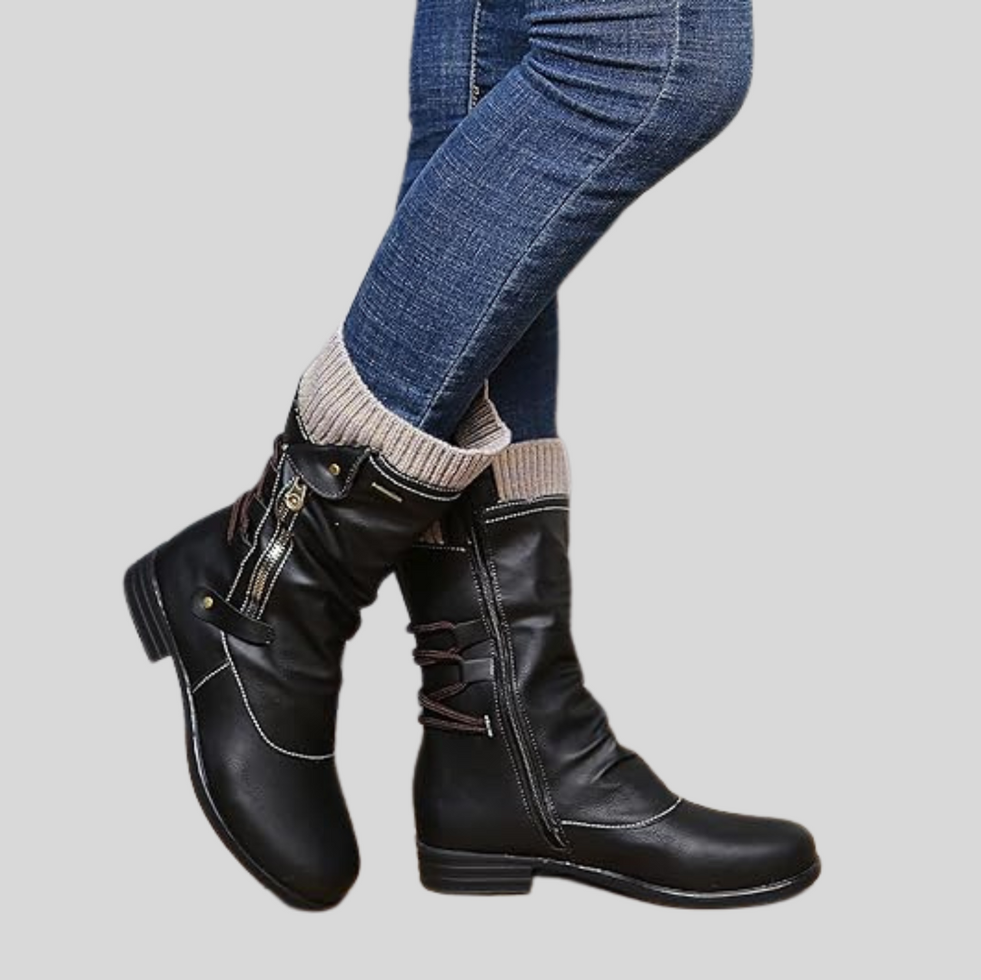 Women's Mid-Calf Winter Boots with Zipper and Buckle Detail