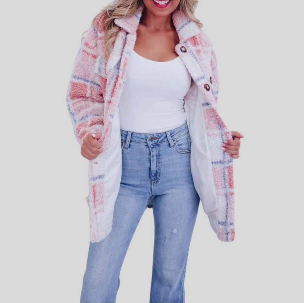 Women's Plush Plaid Button-Up Coat with Collar