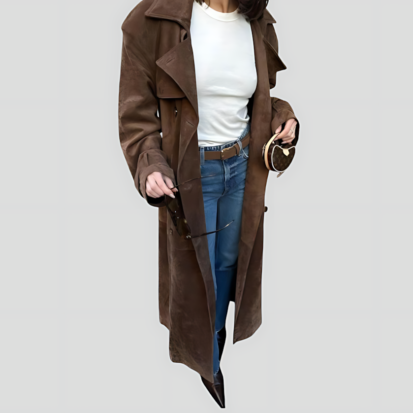 Women's Suede Trench Coat with Belt