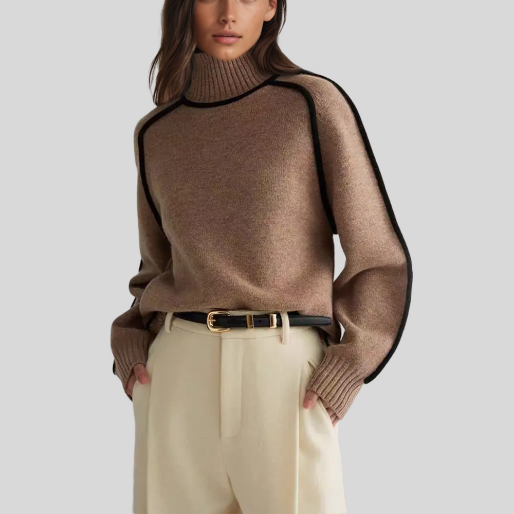 Women's Oversized Turtleneck Sweater with Black Trim