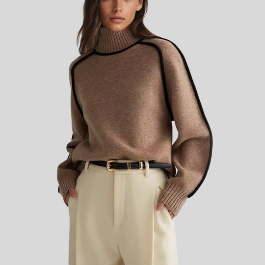 Women's Oversized Turtleneck Sweater with Black Trim