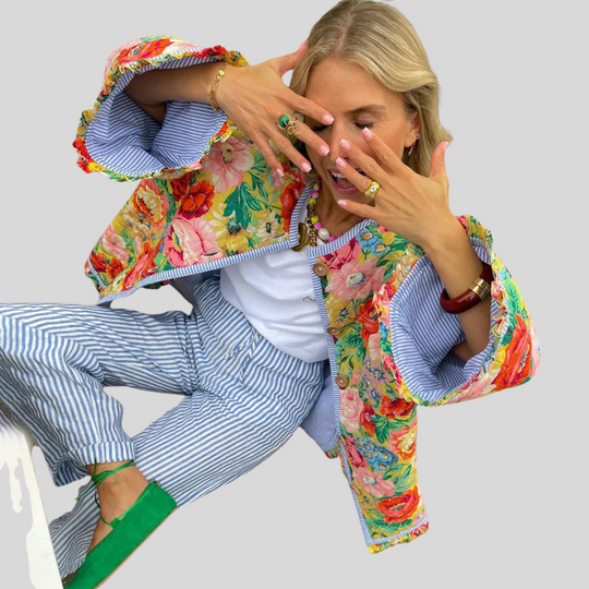 Women's Vintage-Inspired Quilted Jacket with Floral Pattern