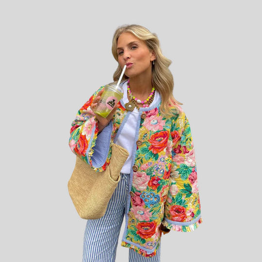 Women's Vintage-Inspired Quilted Jacket with Floral Pattern