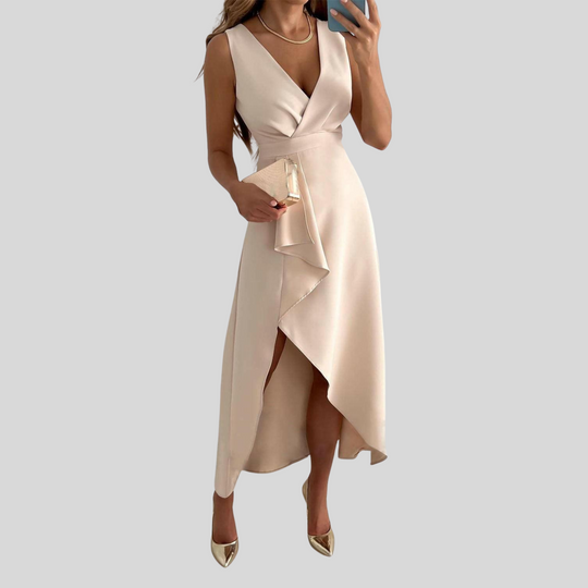 Women's V-Neck Wrap Midi Dress with High Slit and Ruffles