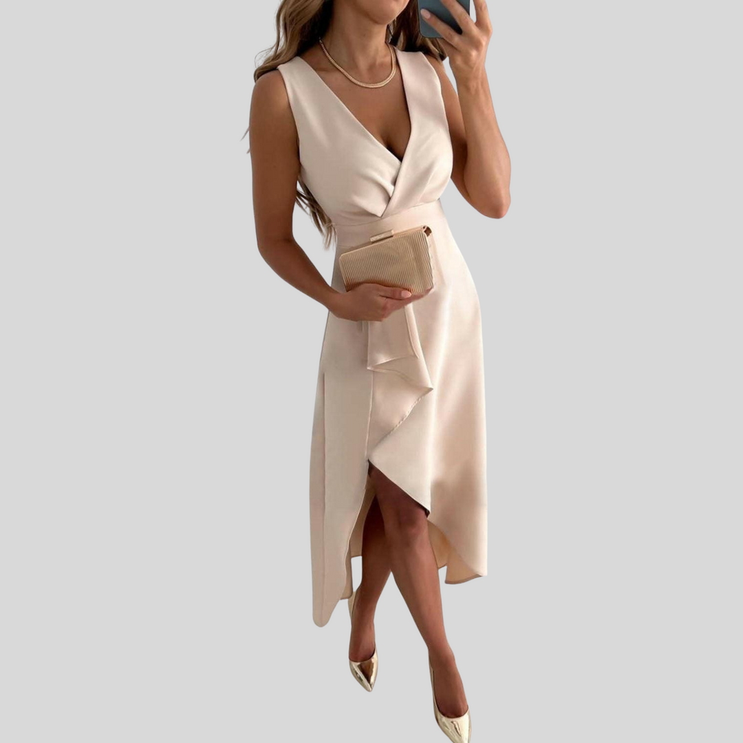 Women's V-Neck Wrap Midi Dress with High Slit and Ruffles