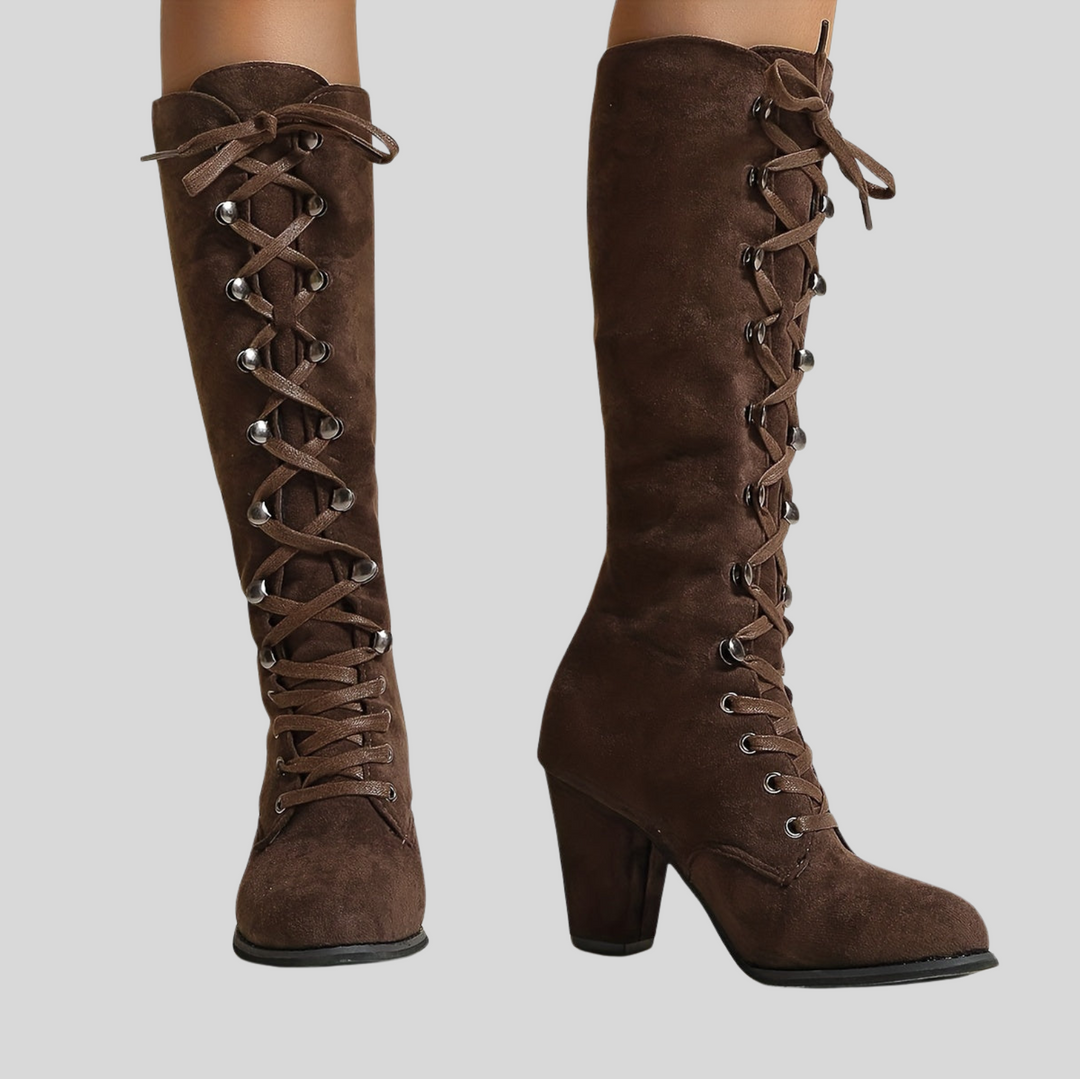 Women's Lace-Up Knee High Boots with Chunky Heel