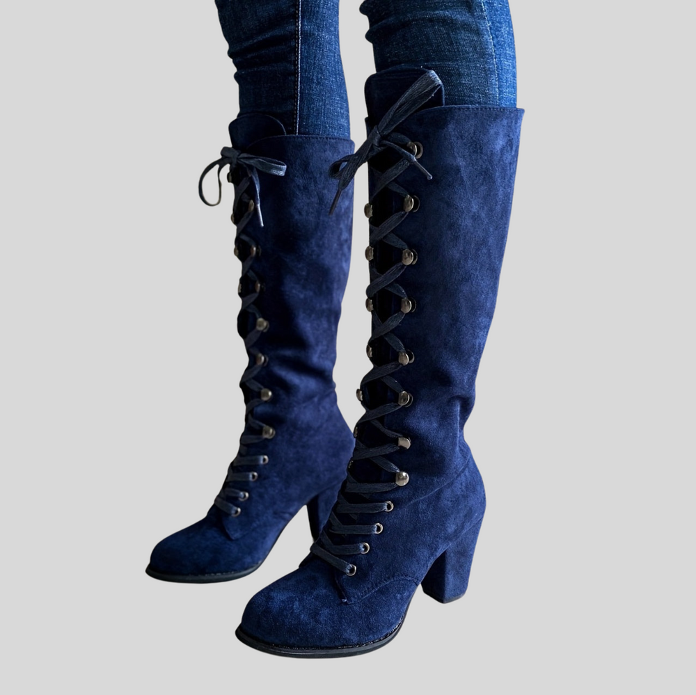 Women's Lace-Up Knee High Boots with Chunky Heel