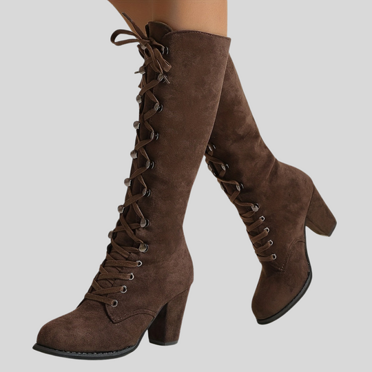 Women's Lace-Up Knee High Boots with Chunky Heel