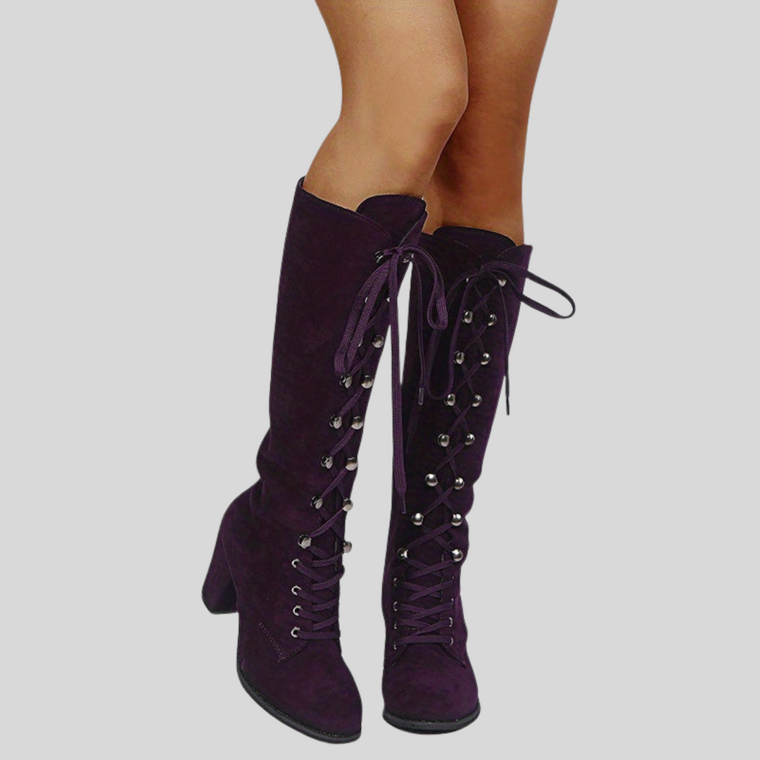 Women's Lace-Up Knee High Boots with Chunky Heel