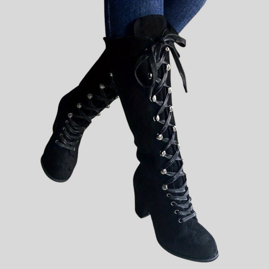 Women's Lace-Up Knee High Boots with Chunky Heel