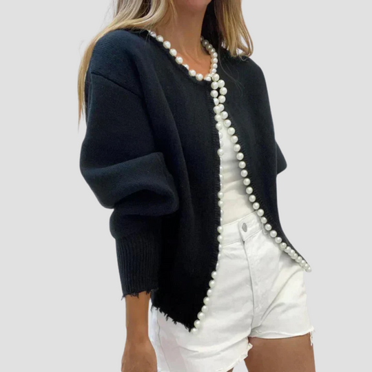 Milena - Pearl Trim Ripped Hem Cardigan
