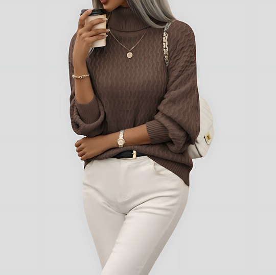 Women's Turtleneck Knit Sweater with Wave Pattern
