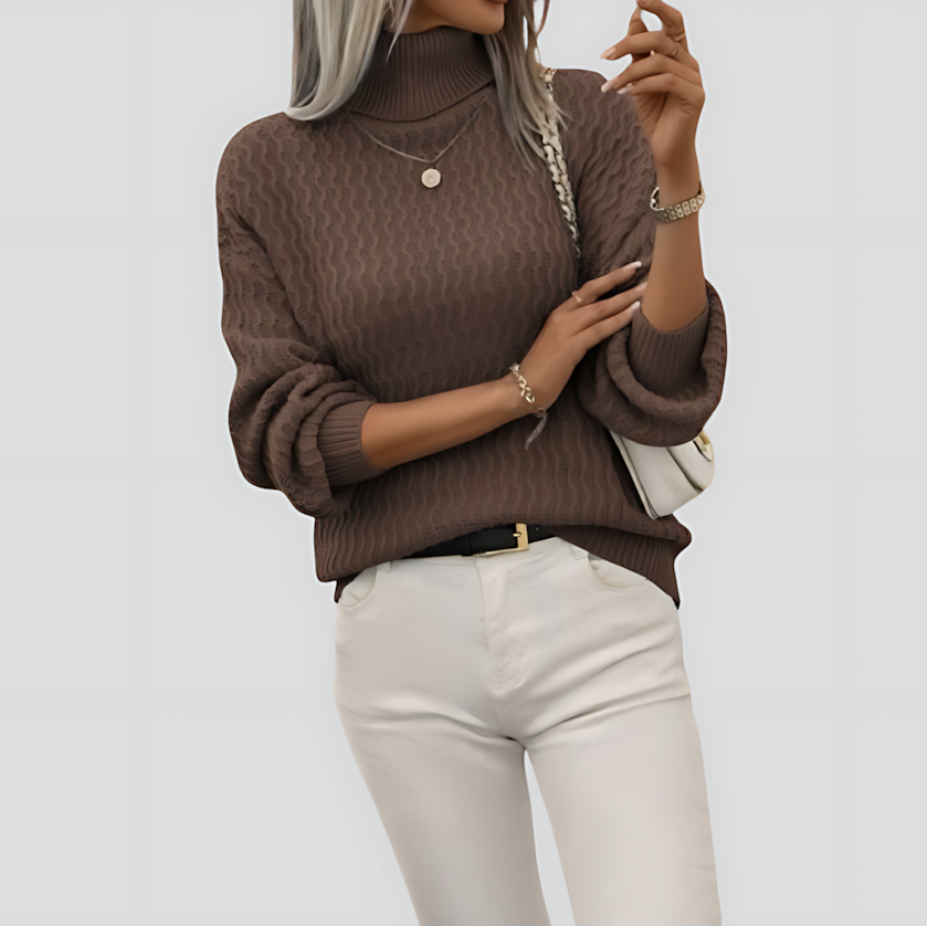 Women's Turtleneck Knit Sweater with Wave Pattern
