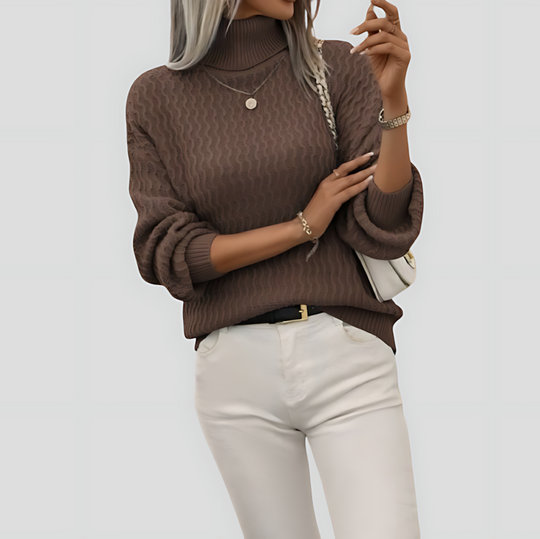 Women's Turtleneck Knit Sweater with Wave Pattern