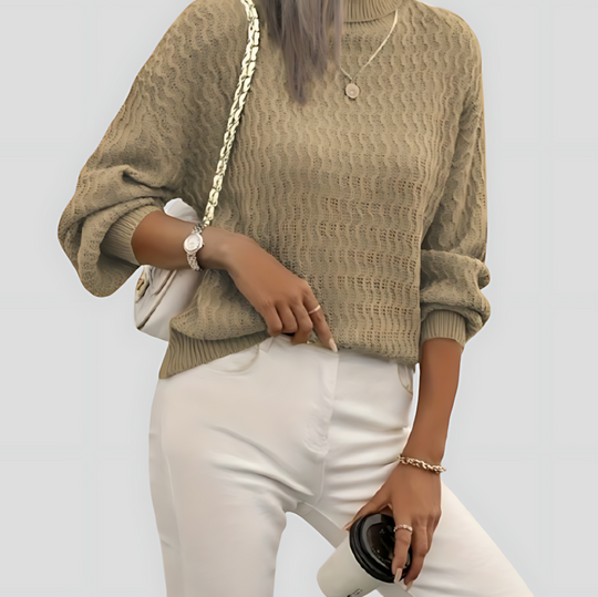 Women's Turtleneck Knit Sweater with Wave Pattern